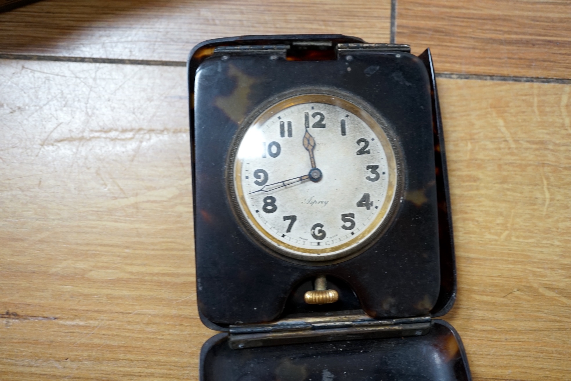 A Trench art tank, a parquetry box including paste and silver brooch and mixed collectables, box 30cm x 20cm. Condition - tank, box and brooch good, other contents variable